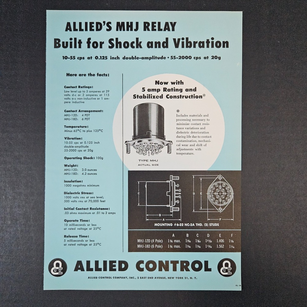 1958 Allied Control MHJ Relay For Shock & Vibration Vintage Print Ad New York NY